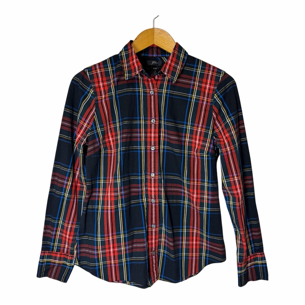 J.Crew Tartan Plaid Button Down Slim Stretch Perfect Shirt 4 Christmas Holiday